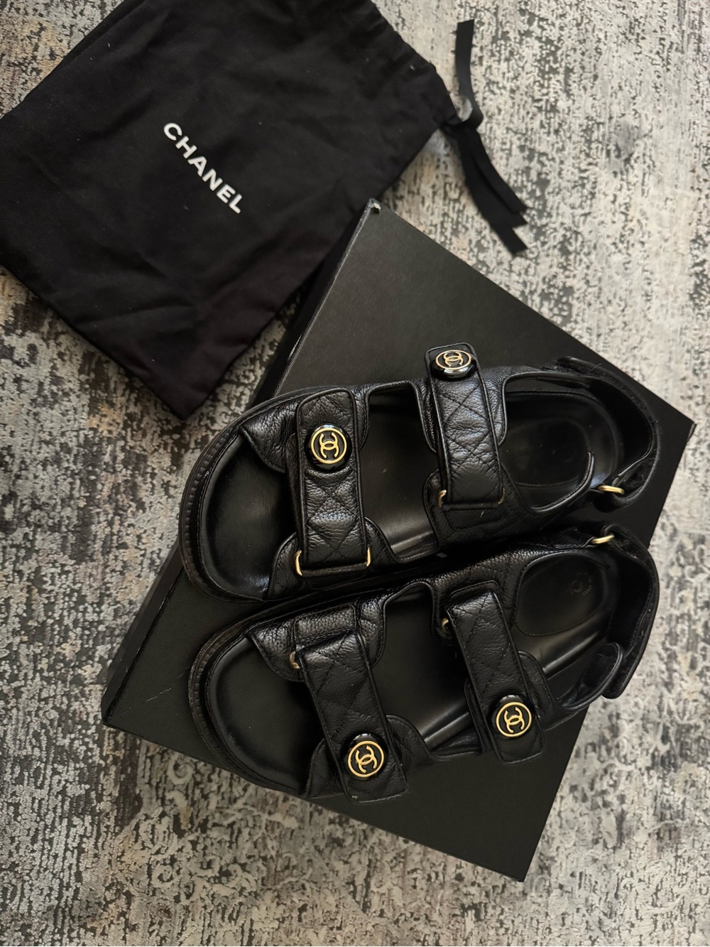 CHANEL DAD Sandals Black Leather Quilted Logo Strap Sandals with Gold CC